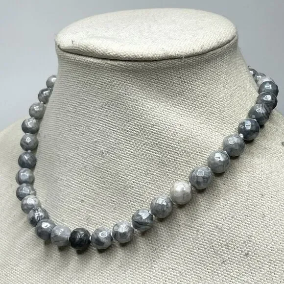 Stunning Unique Gray Picasso Jasper Gemstone Beaded Knotted Necklace 19 Boho